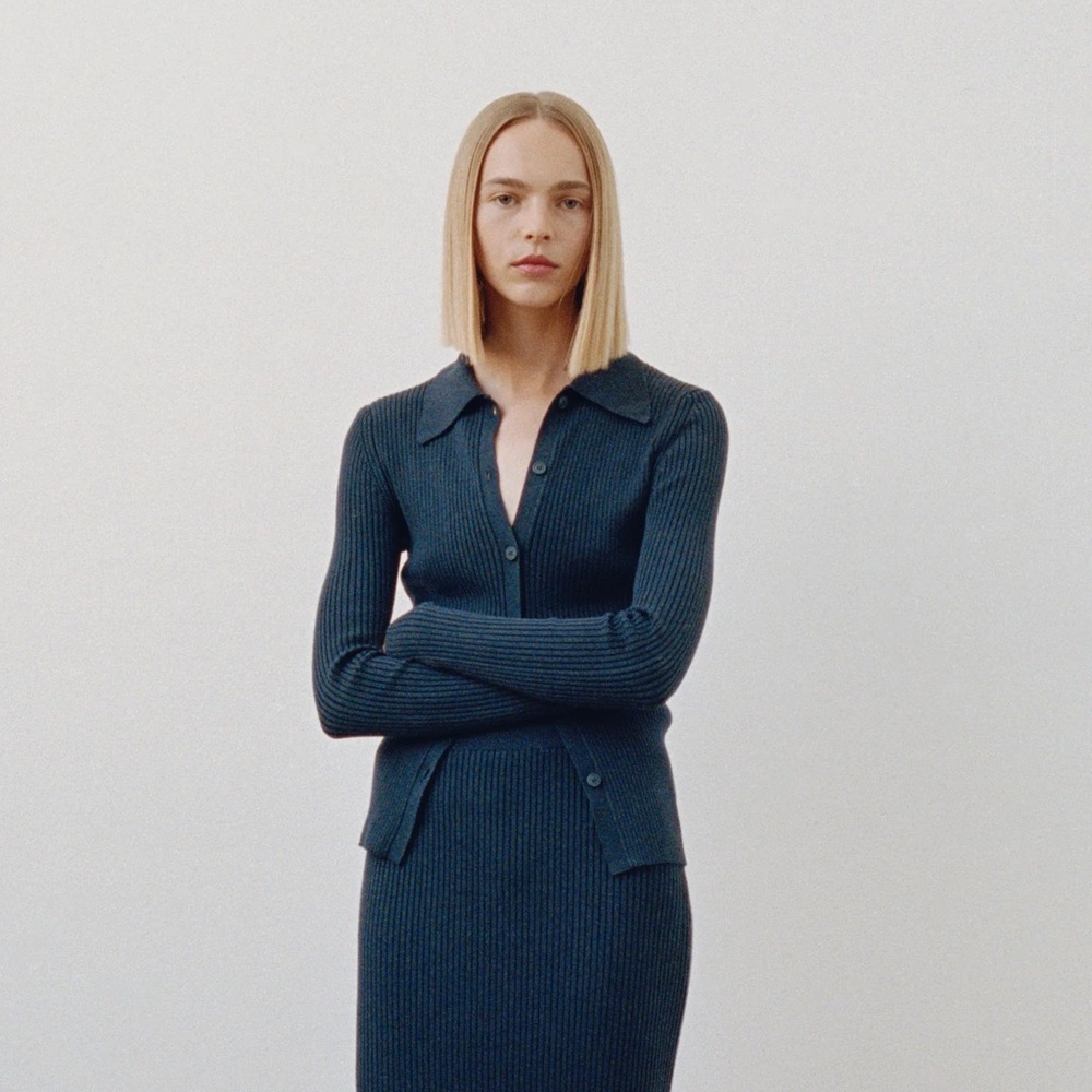 Madhappy Navy Ribbed Long Sleeve Button Up